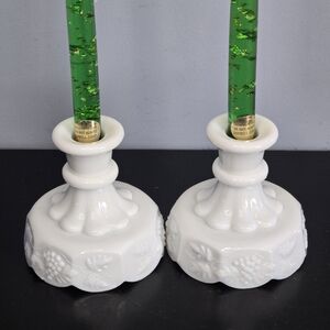 Vintage MCM Westmoreland White Milk Glass Candlestick Holders w Paneled Grape